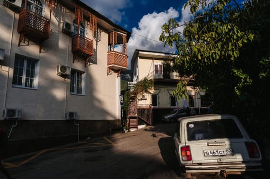 GURZUF, CRIMEA - SEPTEMBER 1, 2021: Historical street with ancient architecture in the Black Sea resort in the village of Gurzuf