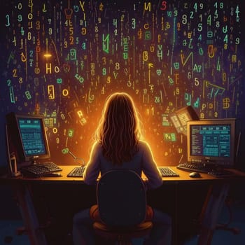 The girl is sitting at the computer, being pulled inside by mechanical hands from the screen. Numbers, letters, and signs are flying around