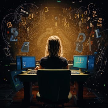 The girl is sitting at the computer, being pulled inside by mechanical hands from the screen. Numbers, letters, and signs are flying around