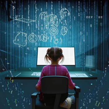 The girl is sitting at the computer, being pulled inside by mechanical hands from the screen. Numbers, letters, and signs are flying around