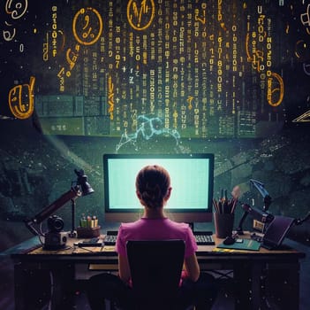 The girl is sitting at the computer, being pulled inside by mechanical hands from the screen. Numbers, letters, and signs are flying around