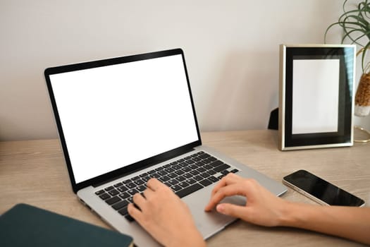 Closeup woman hands typing on laptop with a blank screen at home.