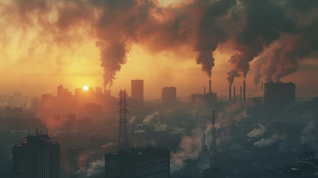 A city skyline with smoke billowing from the factories. Scene is bleak and polluted