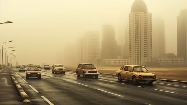A yellow car is driving down a road with a foggy city in the background. The cars are driving in a line and there are several other cars on the road