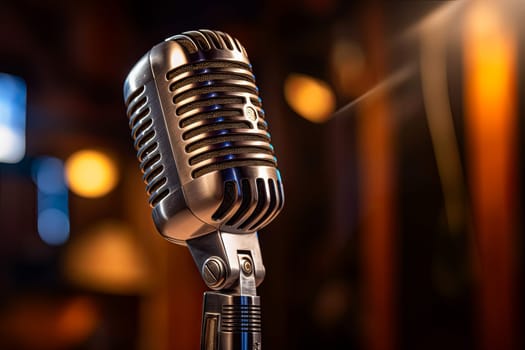 A microphone is on a table in a dimly lit room. The microphone is silver and has a black cord