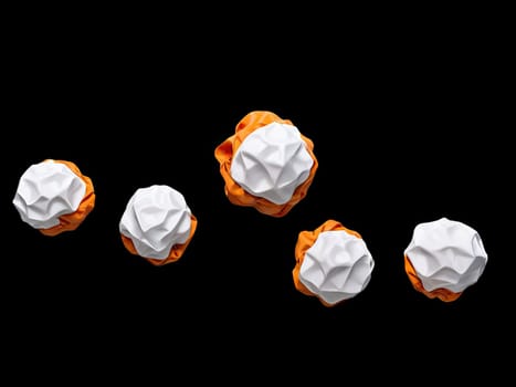 3D rendering of a minimalistic matte inflatable crumpled silicone ball or group of orange colored balls floating in the air on a transparent background . Abstraction isolated on transparent background