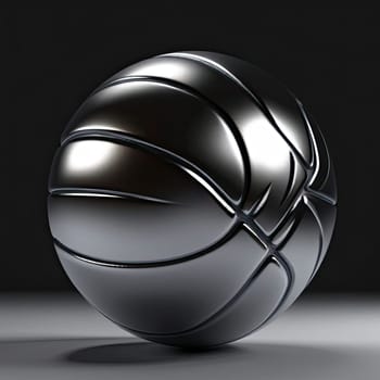 Image Hyper realistic isolated 3D levitating basketball in shiny chrome , black background , high detail, hyper quality