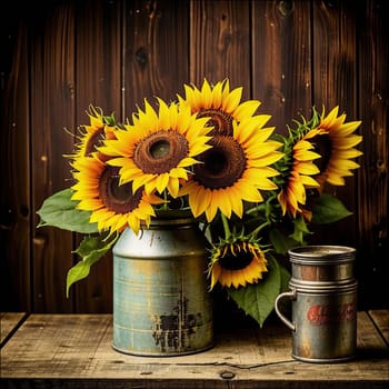 Vintage image of a rural farm wooden house with an antique milk can, a dilapidated barn, a bouquet of sunflowers. Junk journal. photograph with wear and tear. Country mood.