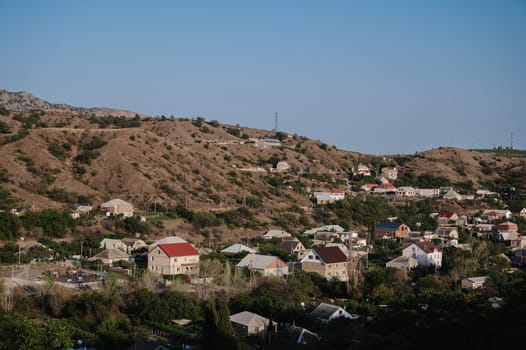View of the resort village of Morskoye on the Black Sea coast in summer