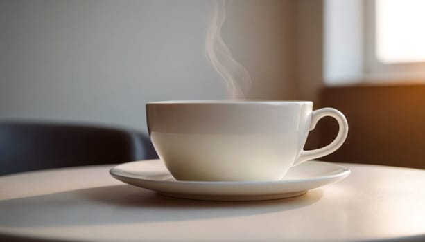 Morning Coffee: A white cup filled with steaming coffee rests on a clean white table, casting a subtle shadow. creating a serene morning scene