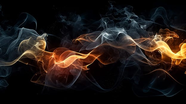 A colorful cloud of smoke with a blue, orange, and purple streak. The smoke is thick and billowing, creating a sense of movement and energy. The colors of the smoke contrast with the dark background