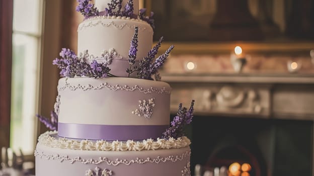 Wedding cake with lavender flowers. Festive table decoration.