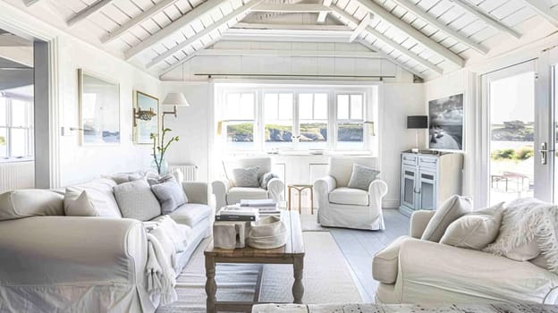 Interior of a living room with white walls, sofa and cushions. Sitting room in coastal cottage with sea view. Luxury lounge room