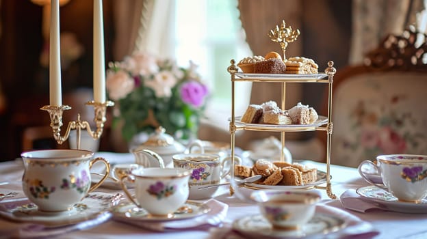 Elegant table setting for tea party with cakes and cupcakes in English manor. Selective focus. Vintage style