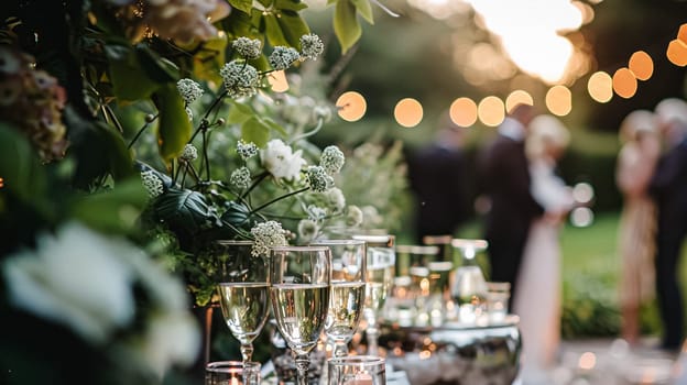 Outdoor wedding reception, warm glow of the lights creates a magical atmosphere as guests gather, the background is slightly blurred, joyful ambiance of the celebration, romantic and festive evening wedding celebration