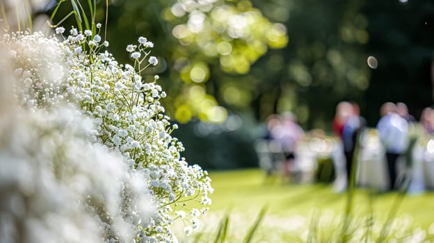 Outdoor wedding reception, warm glow of the lights creates a magical atmosphere as guests gather, the background is slightly blurred, joyful ambiance of the celebration, romantic and festive evening wedding celebration