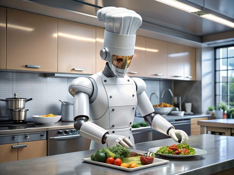 White chef robot cooking meal in the kitchen. Cooking Robot Artificial Intelligence concept. Ai generated image