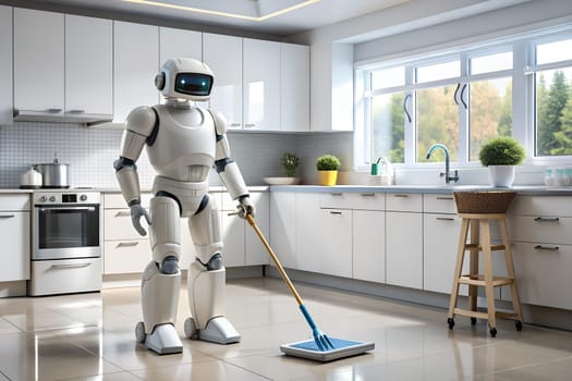 Domestic robot cleaning house. Robot assistant futuristic concept. Ai generated image