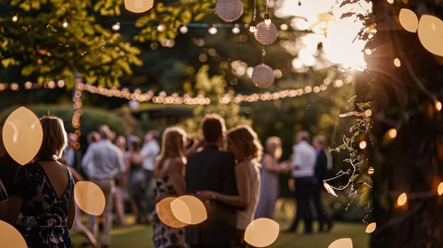 Outdoor wedding reception, warm glow of the lights creates a magical atmosphere as guests gather, the background is slightly blurred, joyful ambiance of the celebration, romantic and festive evening wedding celebration