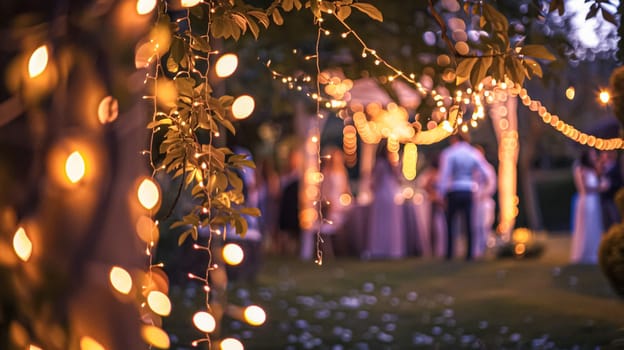 Outdoor wedding reception, warm glow of the lights creates a magical atmosphere as guests gather, the background is slightly blurred, joyful ambiance of the celebration, romantic and festive evening wedding celebration