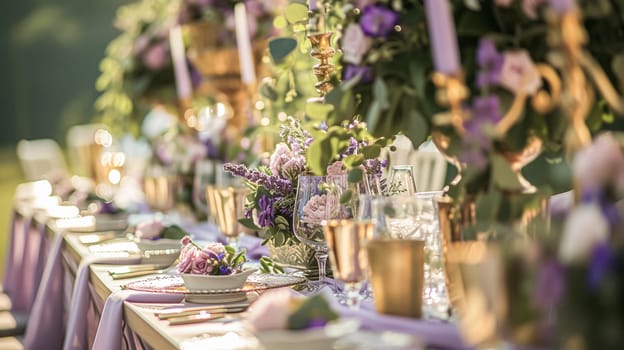 Wedding table decoration with lavender flowers, sweets, cake and candles