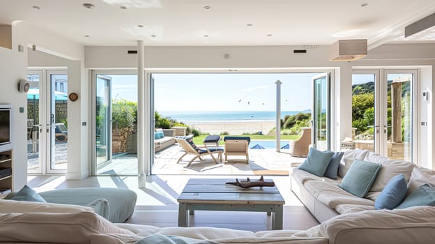 Interior of a living room with white walls, sofa and cushions. Sitting room in coastal cottage with sea view. Luxury lounge room