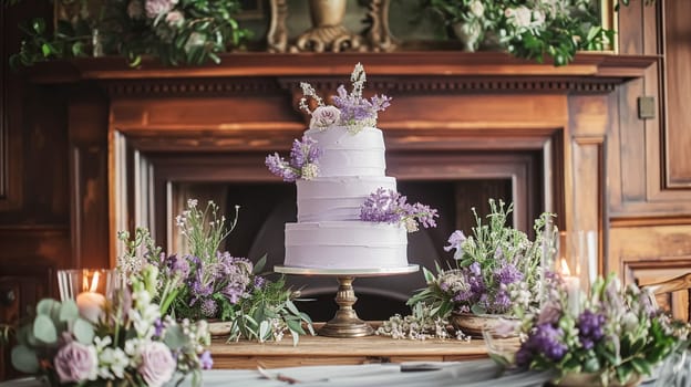 Wedding cake with lavender flowers. Festive table decoration.