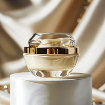 Face cream in a glass jar on a white and gold background. Skin care concept. Backdrop for beauty cosmetic products