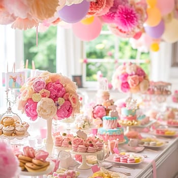 Birthday table decoration with sweets, flowers, candles and pink balloons. Selective focus