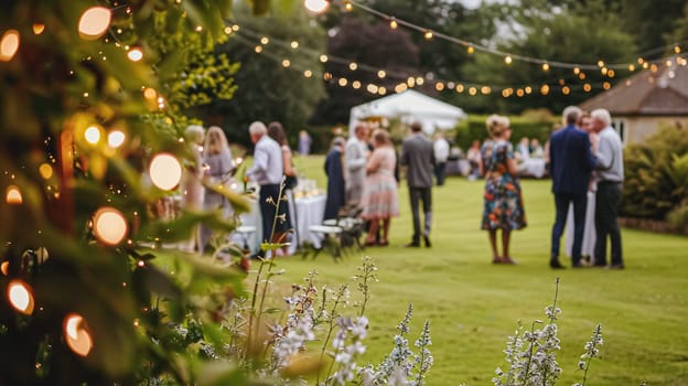 Outdoor wedding reception, warm glow of the lights creates a magical atmosphere as guests gather, the background is slightly blurred, joyful ambiance of the celebration, romantic and festive evening wedding celebration