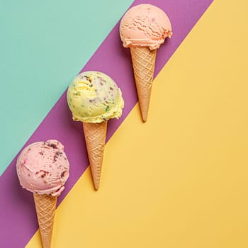 Scoops of ice cream in a waffle cones on a colorful background