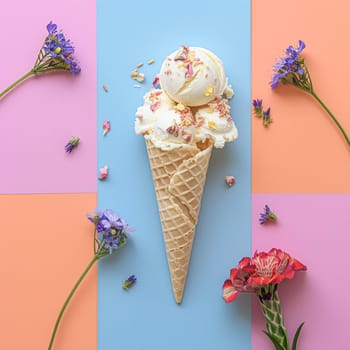 Scoops of ice cream in a waffle cone on a colorful background