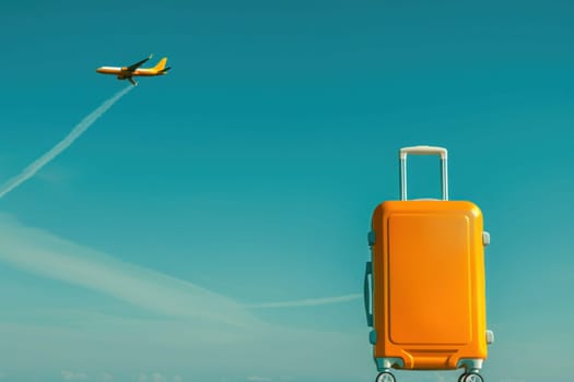 Travel essentials wanderlust suitcase and flying airplane against a bright blue sky with fluffy cloud