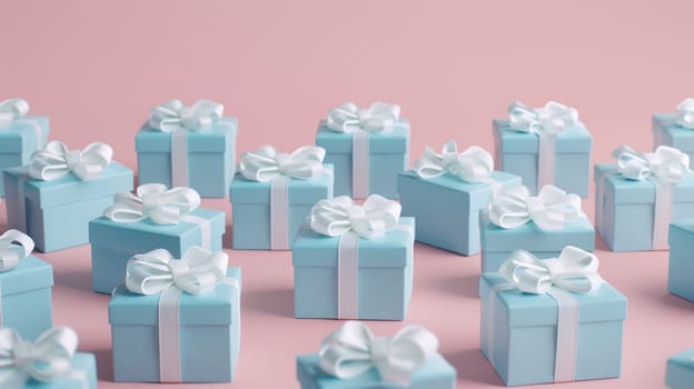 Many blue gift boxes with white ribbons on a pink background for special occasions and celebrations