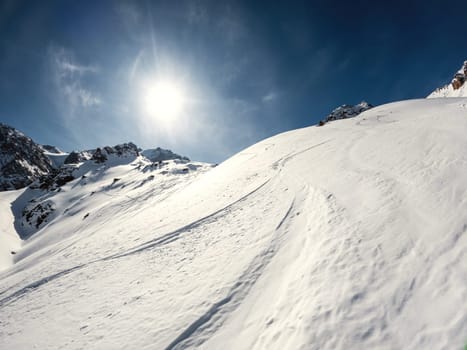Amazing high altitude mountain winter landscape in sunny day, copy space.
