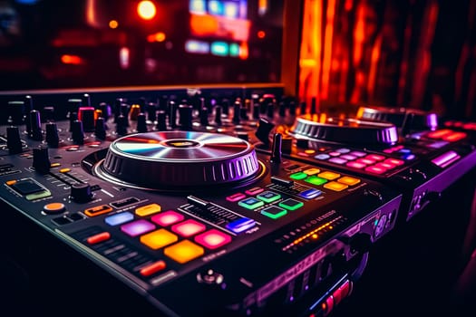 A set of DJ equipment stands against a vibrant orange backdrop, radiating energy and setting the stage for an electrifying performance.