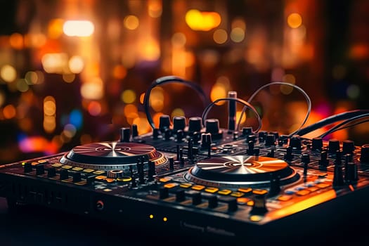 A set of DJ equipment stands against a vibrant orange backdrop, radiating energy and setting the stage for an electrifying performance.