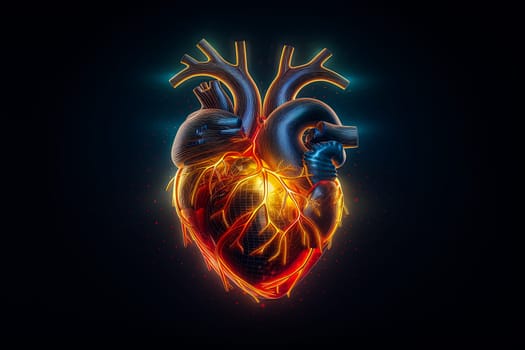 A heart with flames coming out of it. The heart is surrounded by a black background