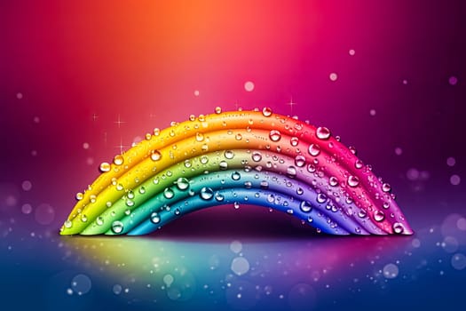 A rainbow with water droplets on it. The rainbow is very colorful and the water droplets add a sense of freshness and liveliness to the image