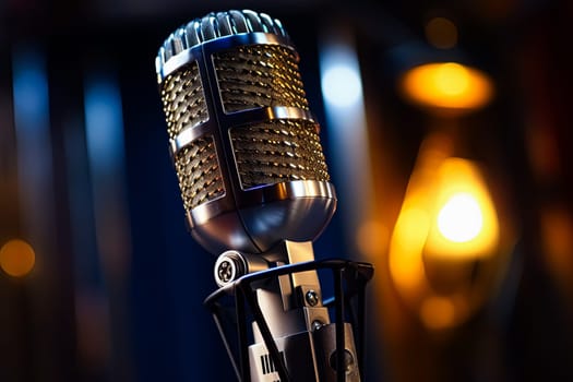 A microphone is on a table in a dimly lit room. The microphone is silver and has a black cord