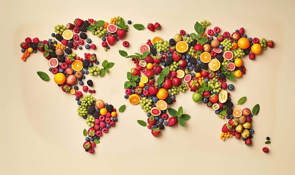 World map made of fruits and berries. Selective focus.