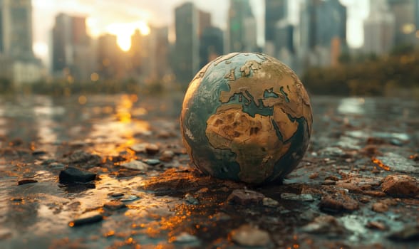 A model of the globe lies on a city street. Selective focus