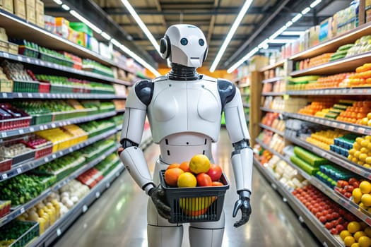 White domestic robot with a shopping cart in a grocery store. Robot helper futuristic concept. Ai generated image