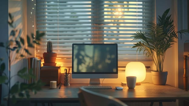 A serene home office with a clean workspace and subtle bokeh lighting for a mindful ambiance.