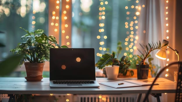 A serene home office with a clean workspace and subtle bokeh lighting for a mindful ambiance.