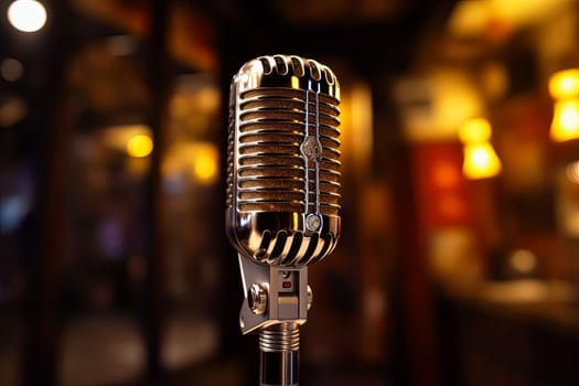 A microphone is on a table in a dimly lit room. The microphone is silver and has a black cord