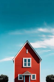 A small red house with a white trim sits in front of a blue sky. The house is the only building in the scene, and it is a single-story structure