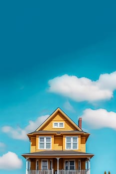 A yellow house with a blue roof and blue trim. The house is tall and has a chimney