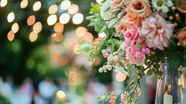 Outdoor wedding reception, warm glow of the lights creates a magical atmosphere as guests gather, the background is slightly blurred, joyful ambiance of the celebration, romantic and festive evening wedding celebration