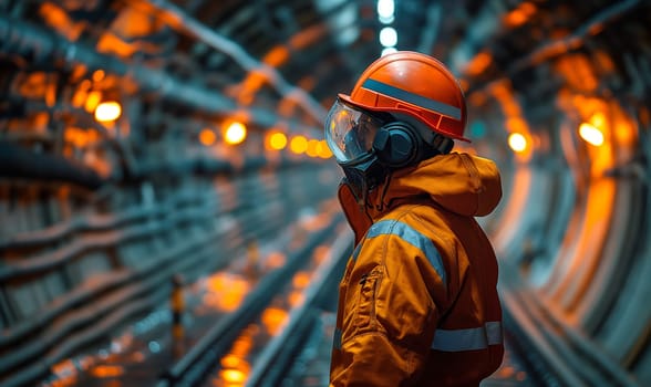 A worker in a hard hat walks through a tunnel. Selective soft focus.